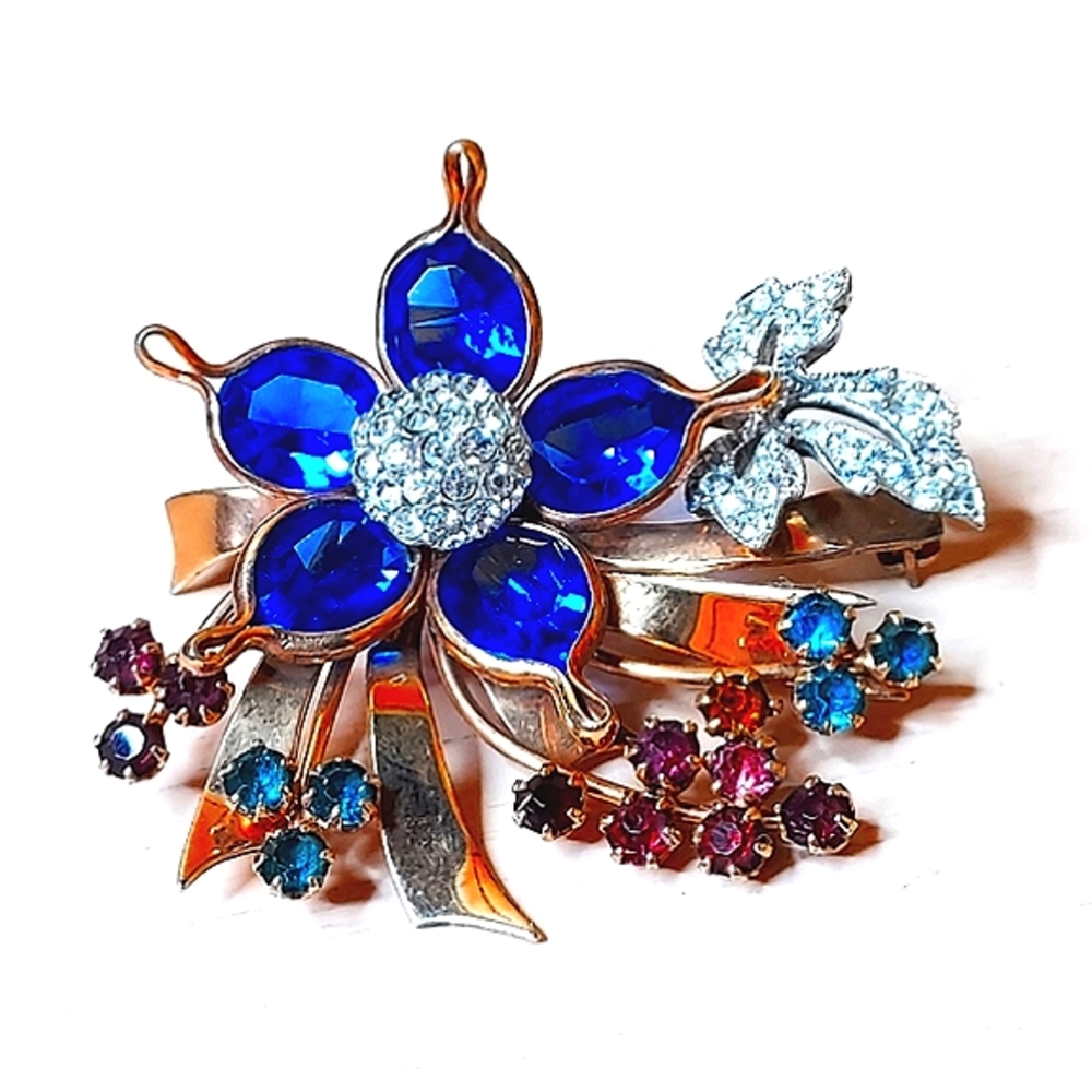 VTG CRC 12K Blue Floral Brooch